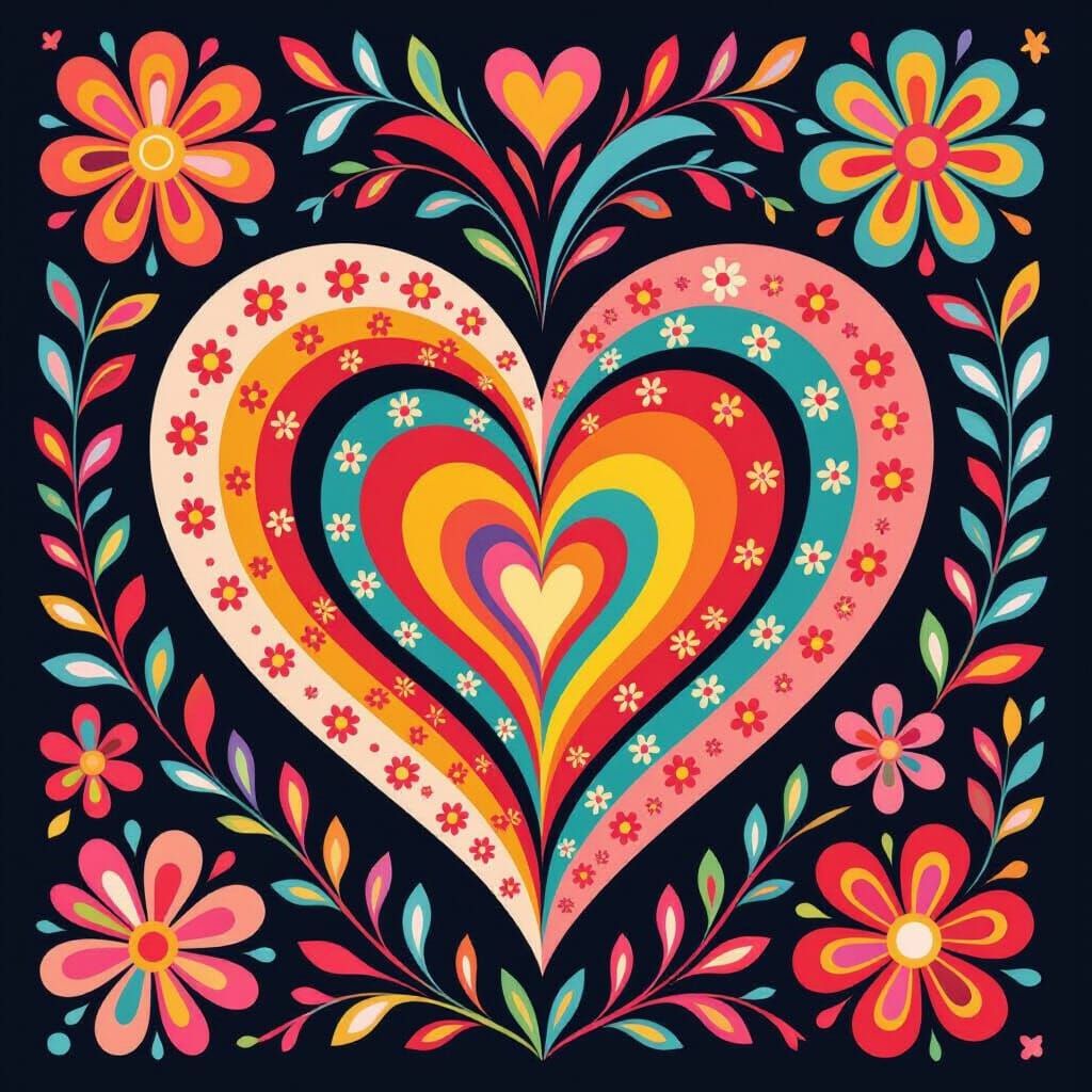 Colorful Hearts and Flowers in Pop Art Style