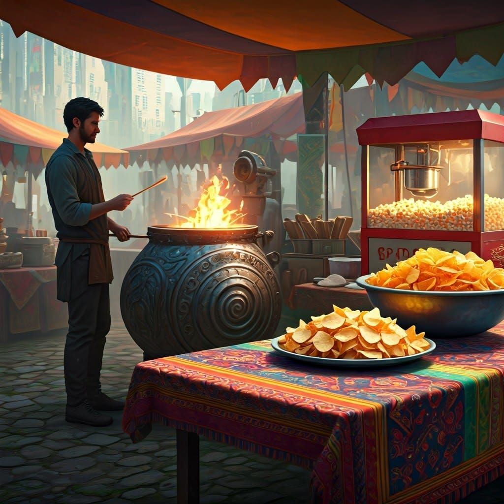Vibrant Market Scene with Yam Fries, Digital Art