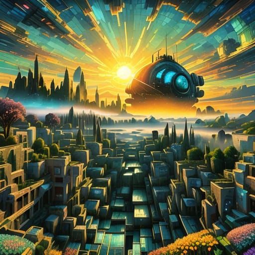 Impressionist Garden Meets Futuristic Village at Twilight