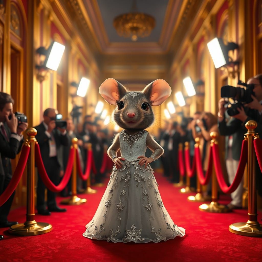 A diminutive, adorable mouse in a elegant, red-carpeted, golden-trimmed corridor, surrounded by flashing ...  by @Onyx