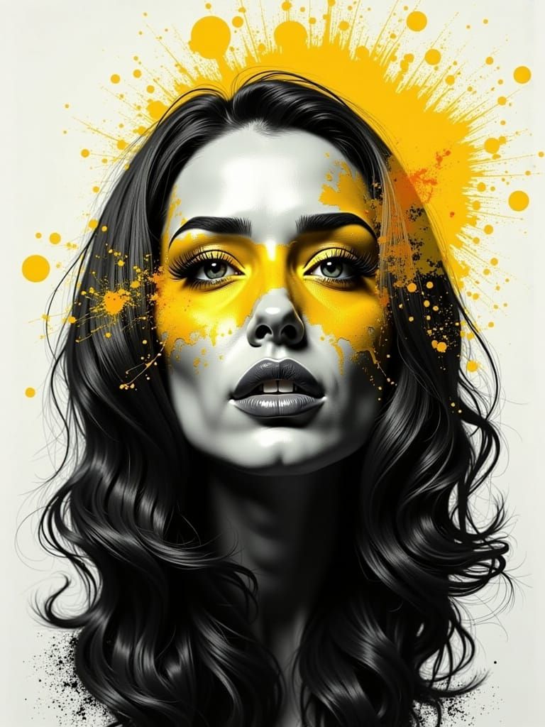 A black and white portrait with a splash of yellow. 