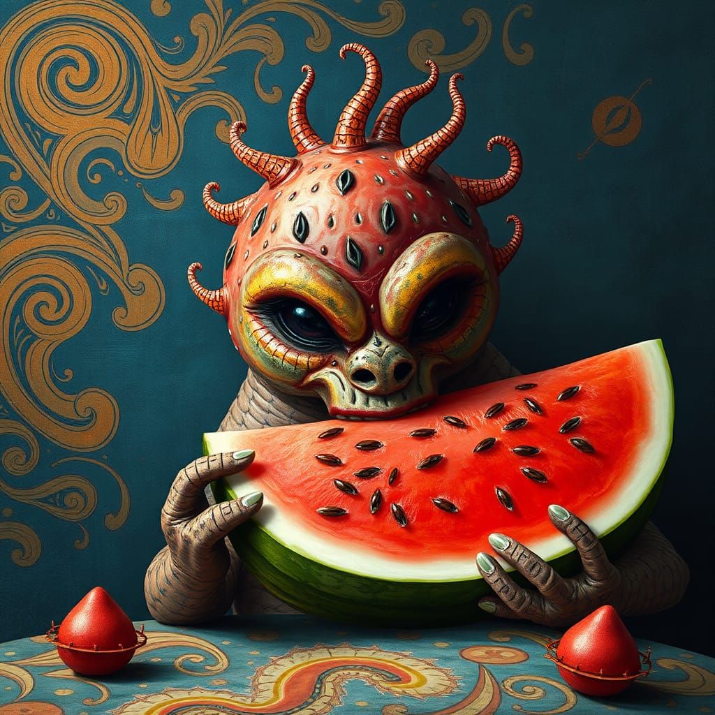 Surreal Etrog Eating Watermelon in Fantasy Landscape
