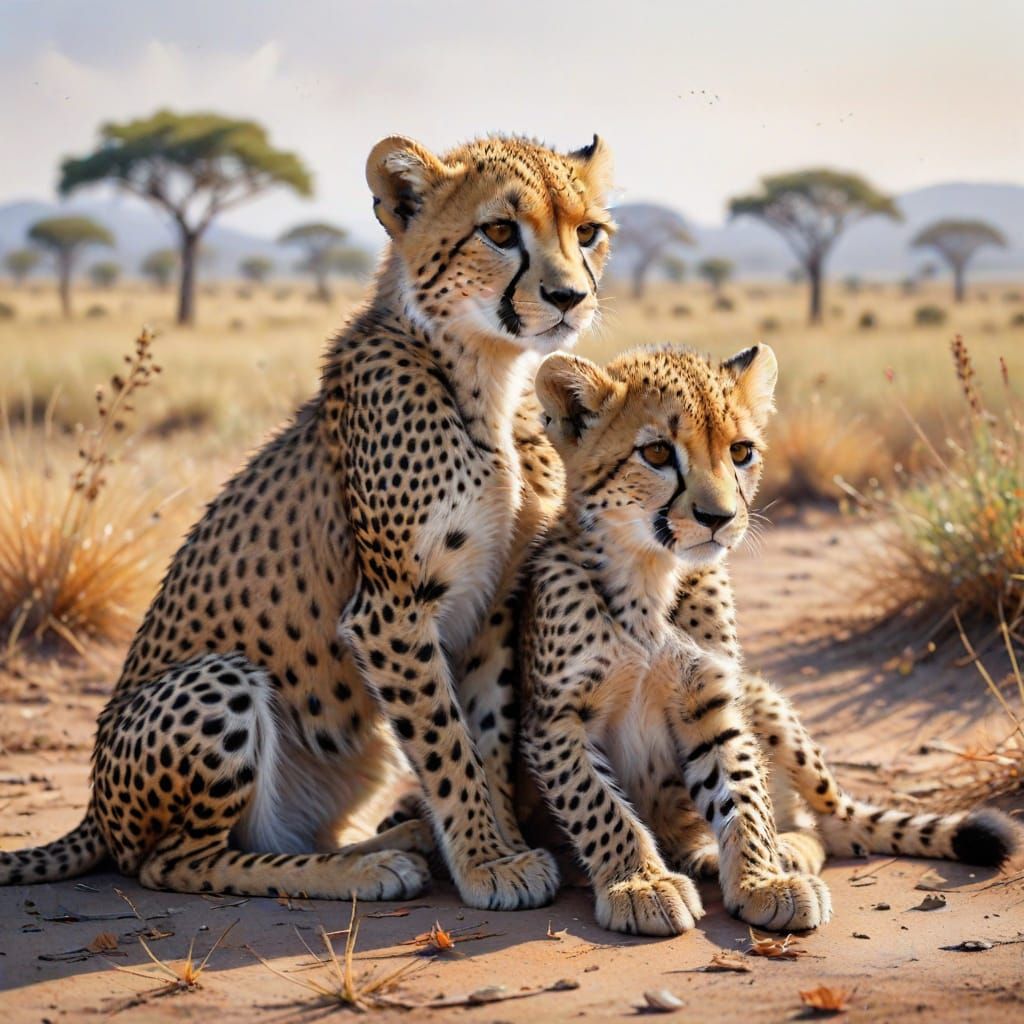 Cheetah Cubs Play in Watercolor Savannah