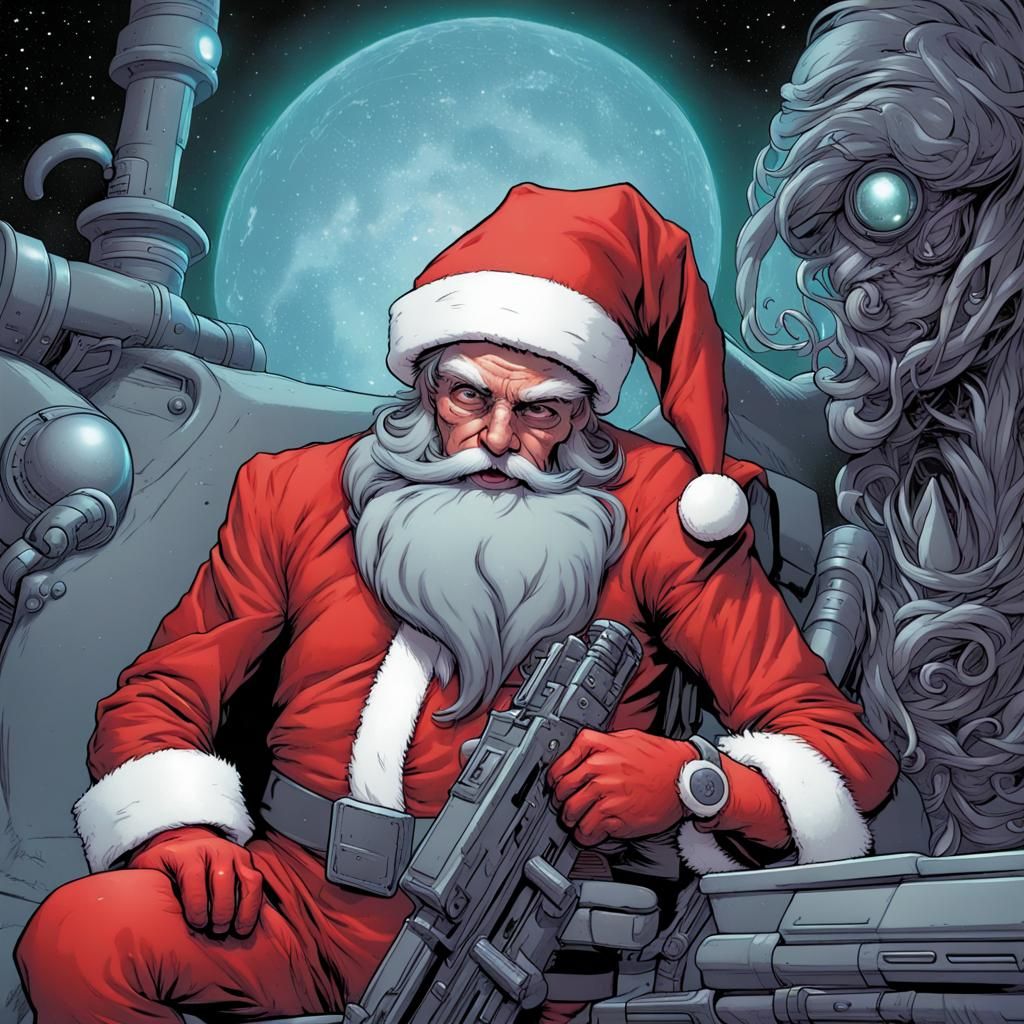 A grey alien dressed as Santa leaning on a Phase-pulse-blast...