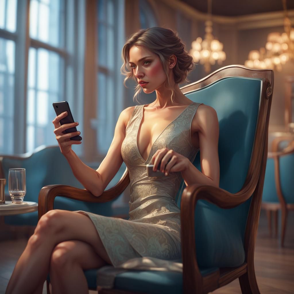 Women wearing dress on chairs holding phone