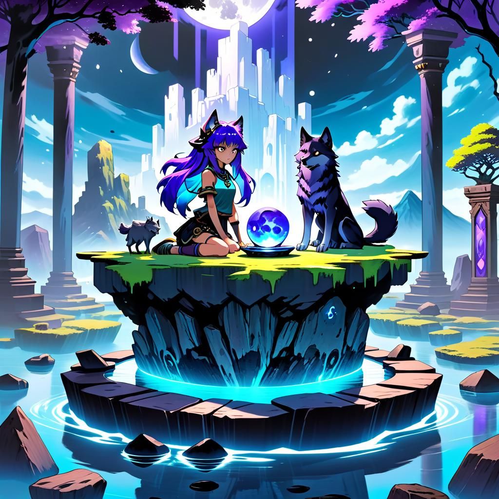Wolf Girl on Floating Island with Ancient Relic