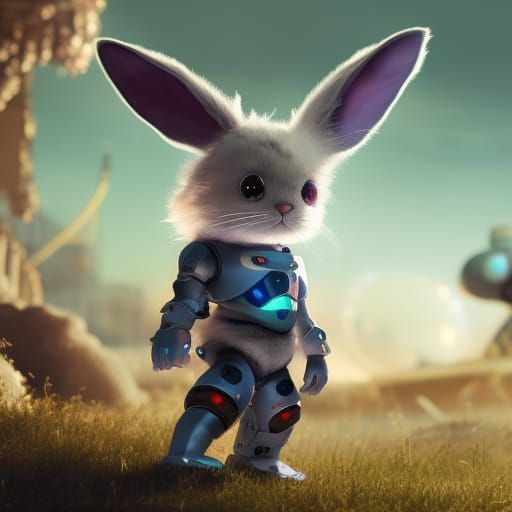 portrait of a pet cyborg bunny playing with a boy, cute and adorable ...