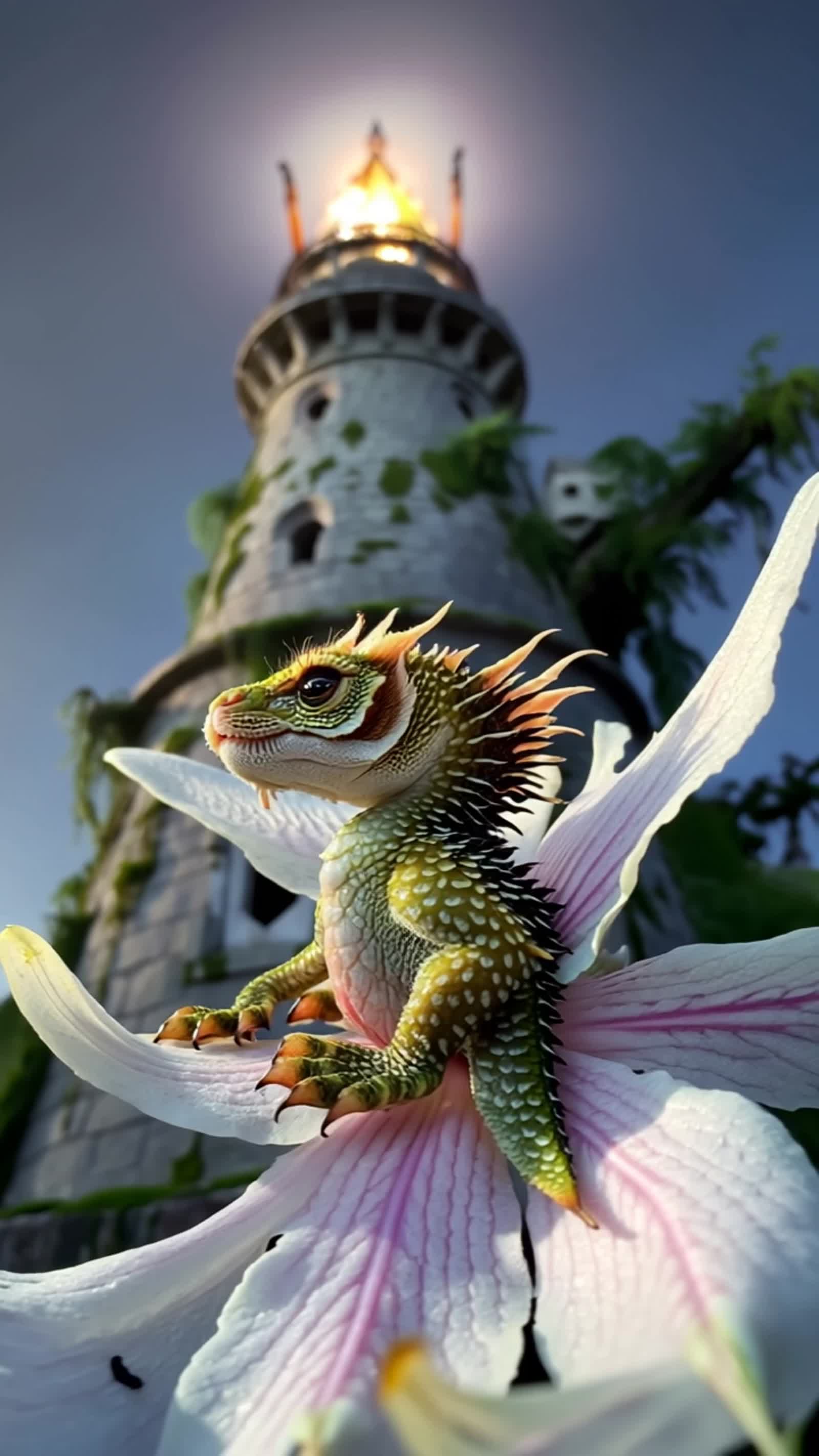 imagine a baby dragon resting on a dew-covered petal, gazing up at a towering lighthouse in the distance. The lighthouse...