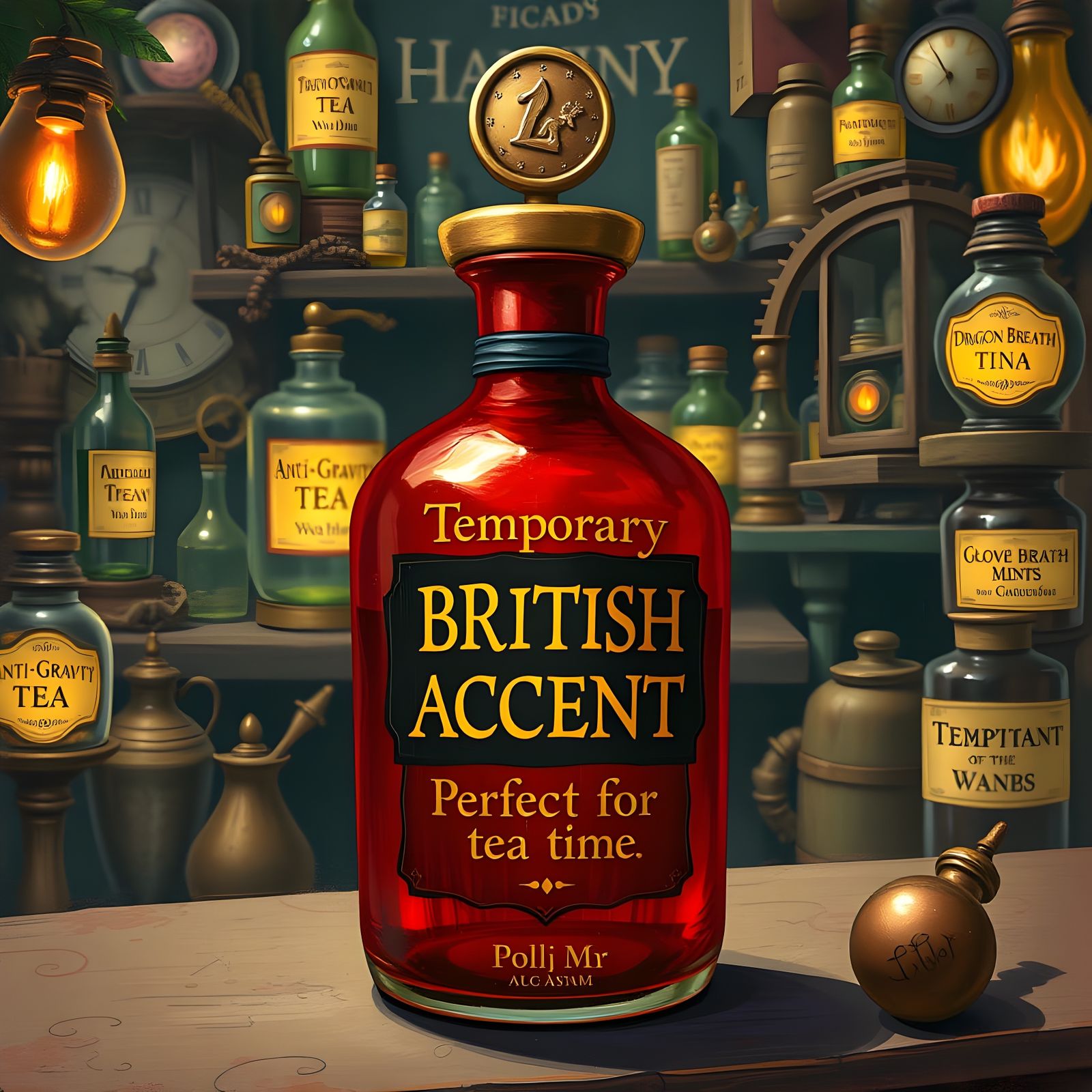 Fantastical Potion Bottle Labeled "Temporary British Accent Potion. Perfect for Tea Time"  by @Jane77755