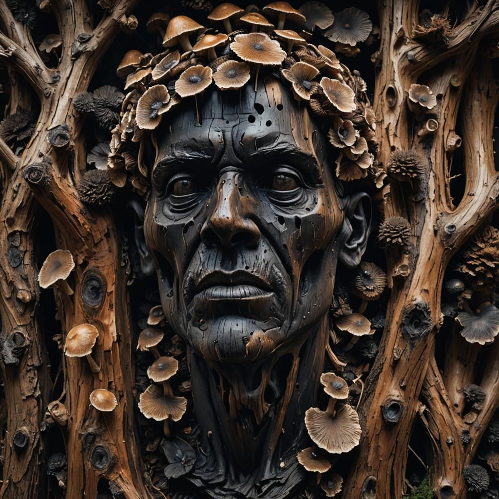 A rotten wood sculpture of a head in a lodge, mushrooms, bla...