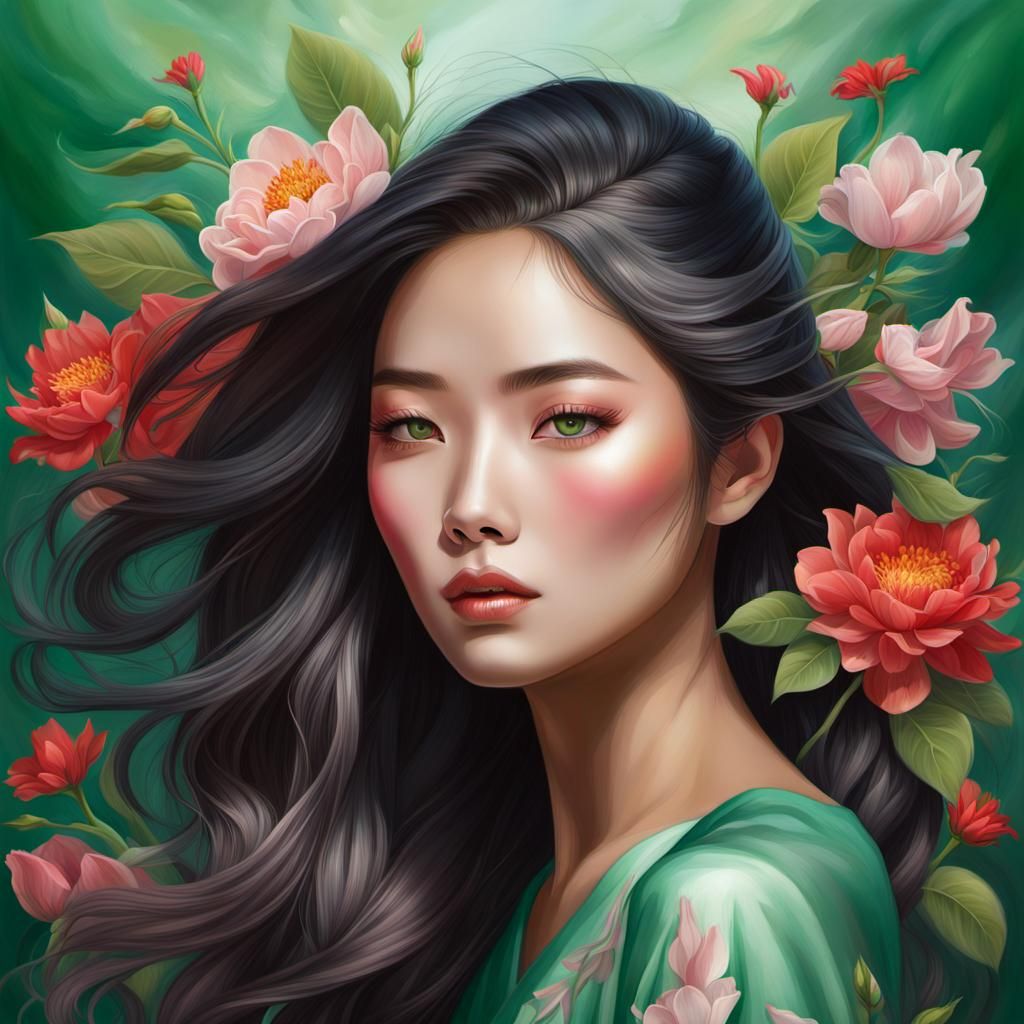 A hyper-realistic digital painting of a young Asian woman with an ethereal and serene expression, surrounded by stylized, vibrant flowers th...