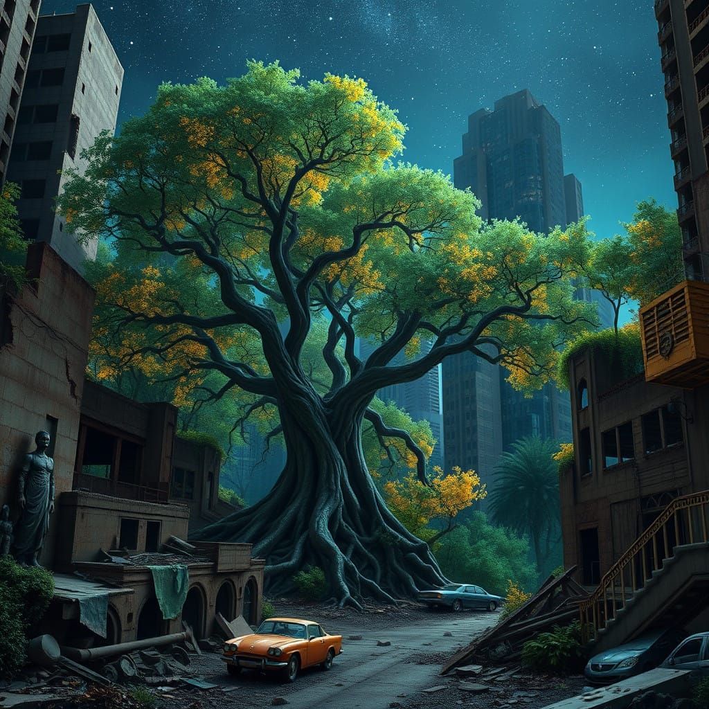 A surreal landscape where nature reclaims civilization. Towering trees pierce through the ruins of a ...  by @DarkKingArthur