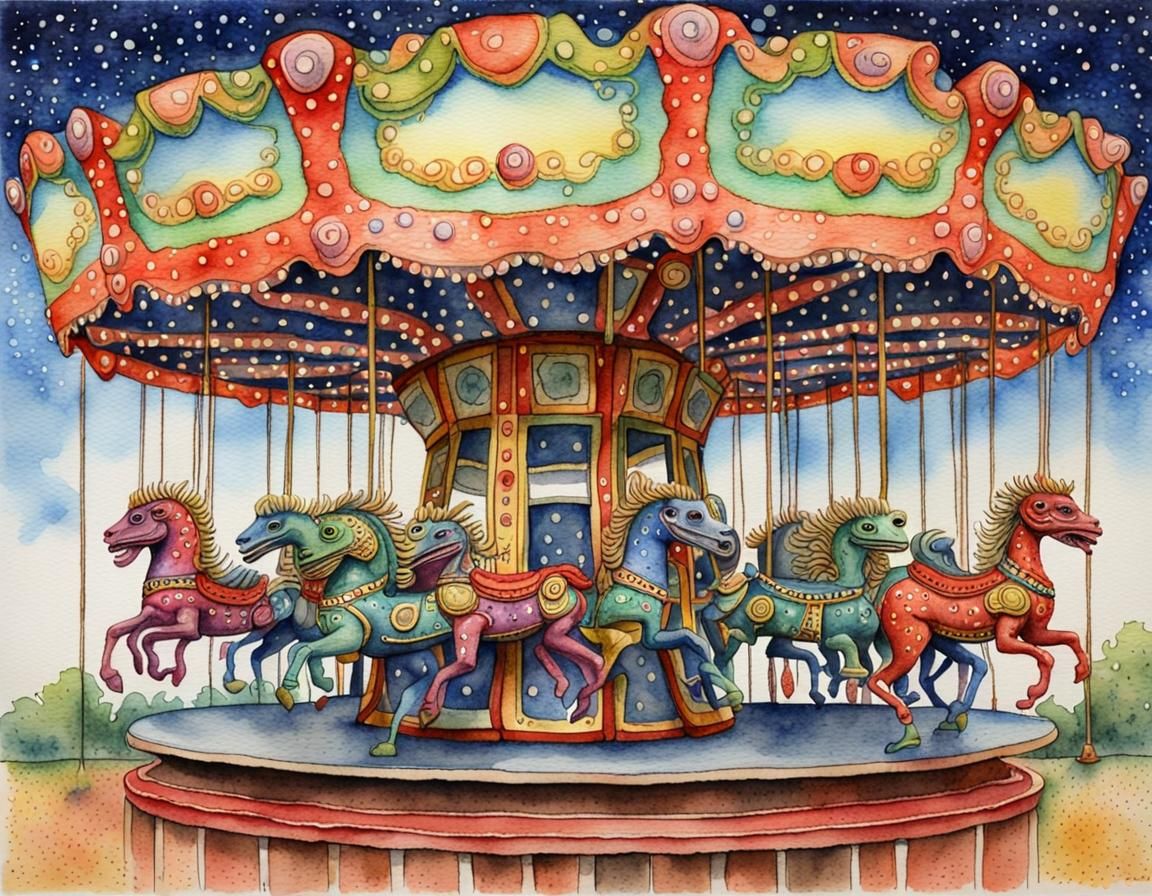 alien, carousel, whimsical, fantasy, watercolor and ink, poi...