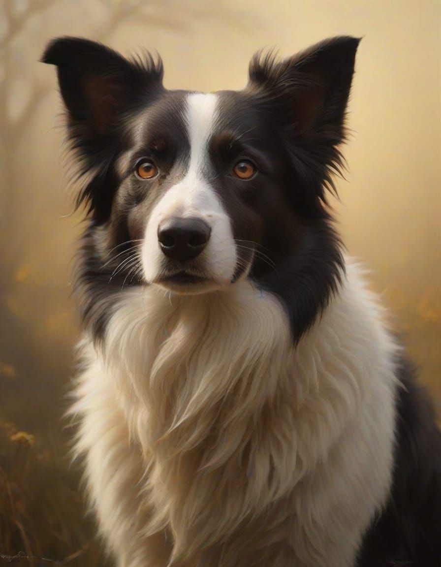 Border Collie in Intense Focus, Dutch Masters-Inspired Oil P...