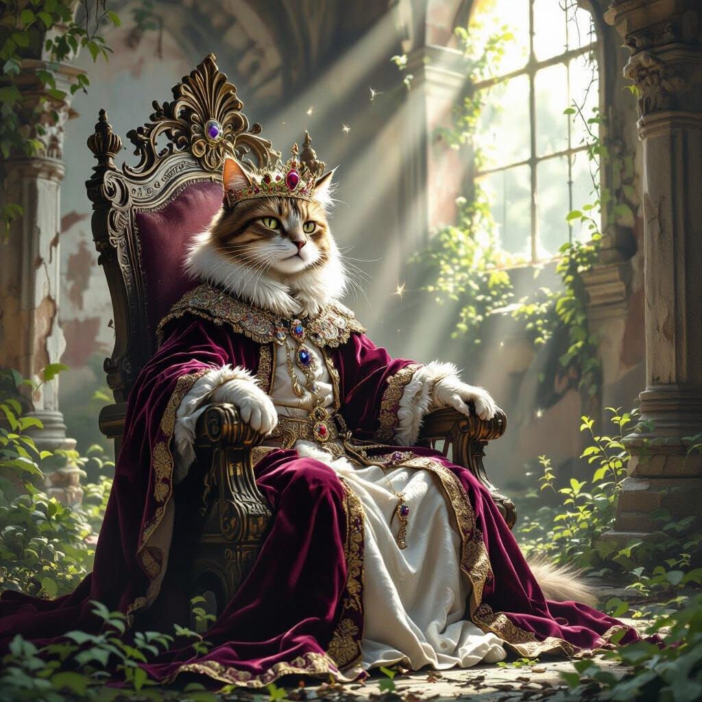 A regal, anthropomorphic cat wearing a jeweled crown and ornate velvet robes, sits upon a decaying, baroque throne in a forgotten, overgrown...