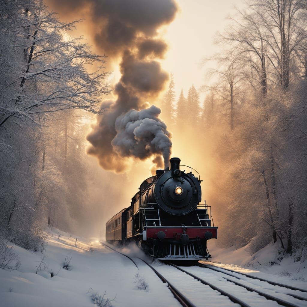 Vintage steam train traveling through a snowy valley at dusk  by @Archrez