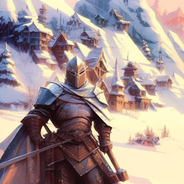 knight in front of a medieval village in a snow covered coun...