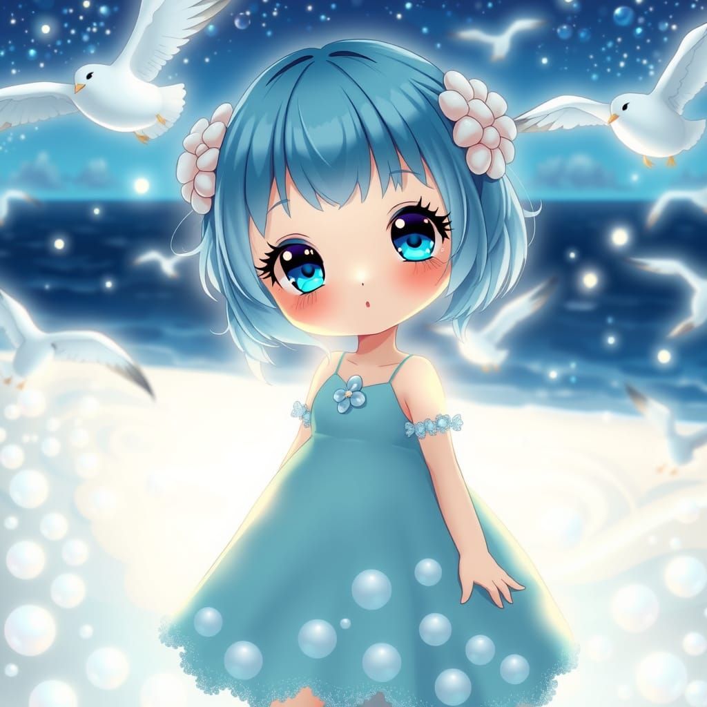 Anime Girl with Blue Hair on Pearl Beach