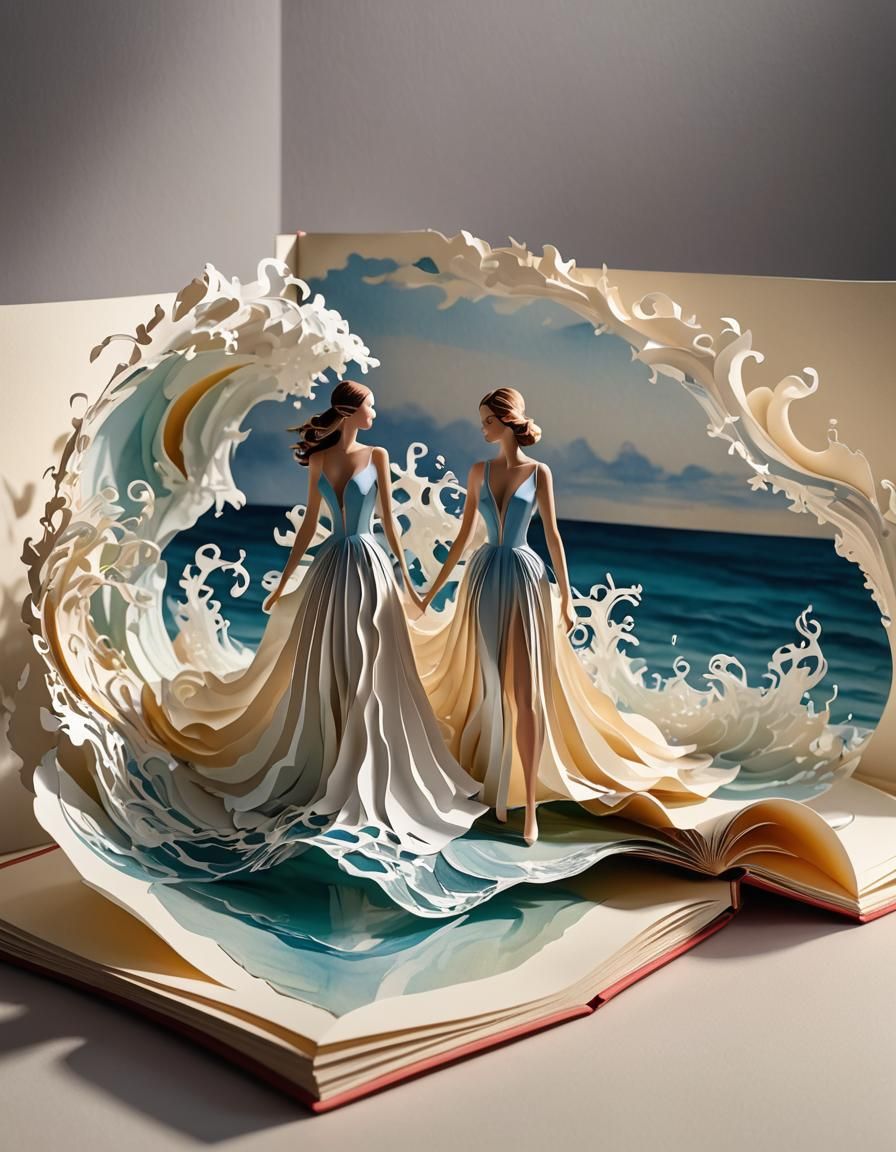 3d  pop-up  book of  fashion model opened on a table, perfec...