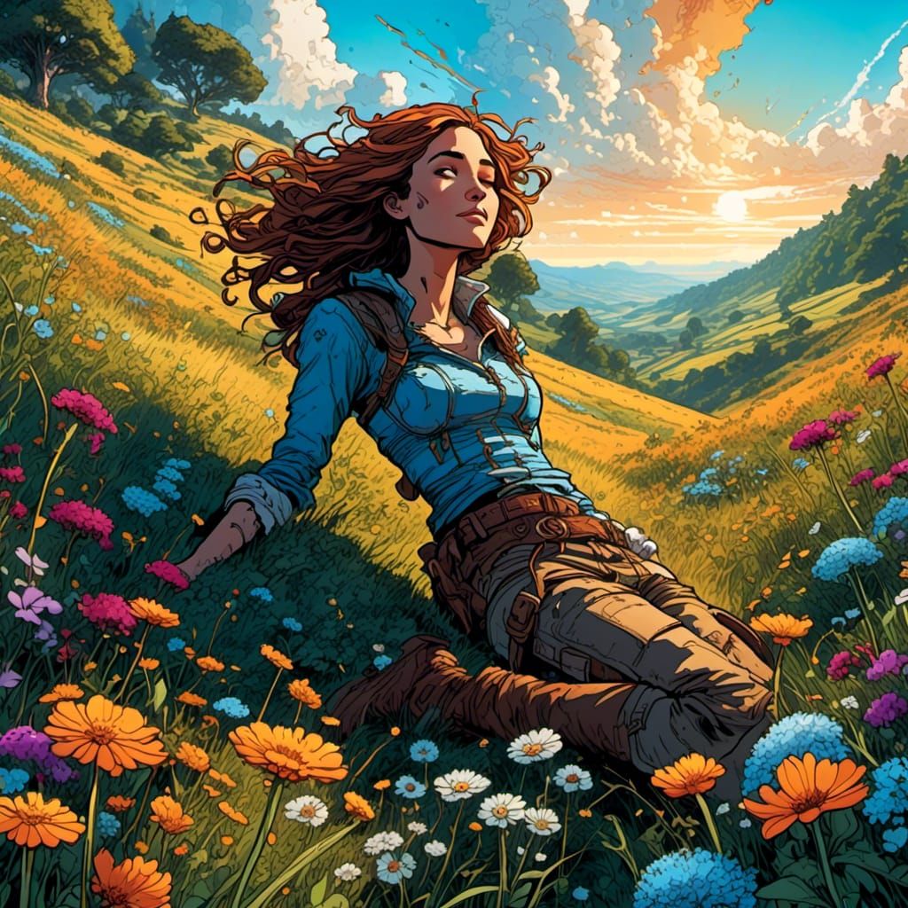Medium shot of a female  artist lying on her back in a field of wild flowers on a mountain slope.