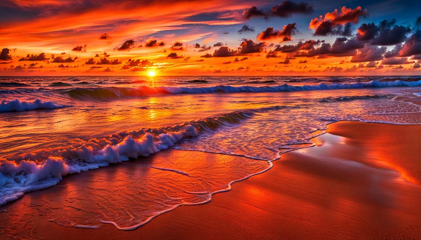 5 Words, 100% Prompt Weight Challenge - vibrant orange sunset beach ocean  by @LTSings