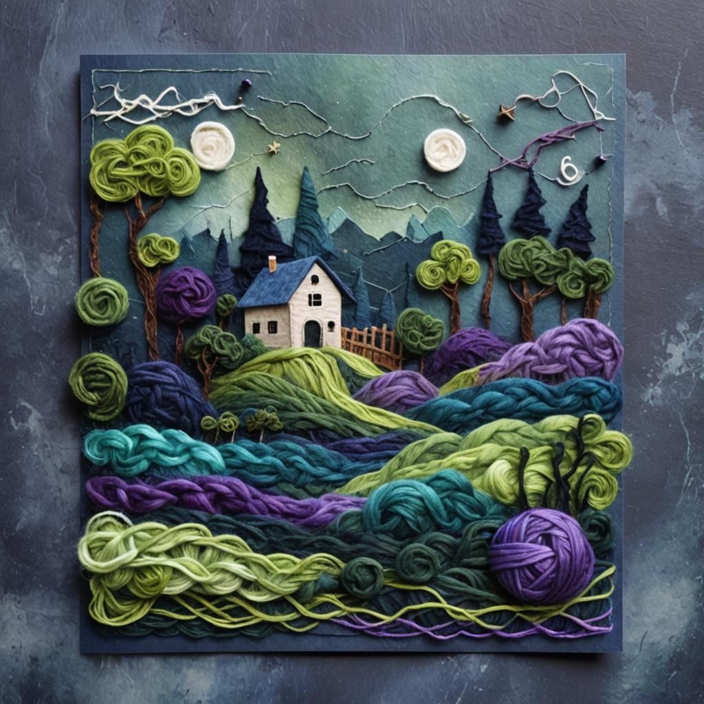 Handmade card created with yarn. Woven mage is a landscape and a building. Background pieces of yarn. ...  by @Smee