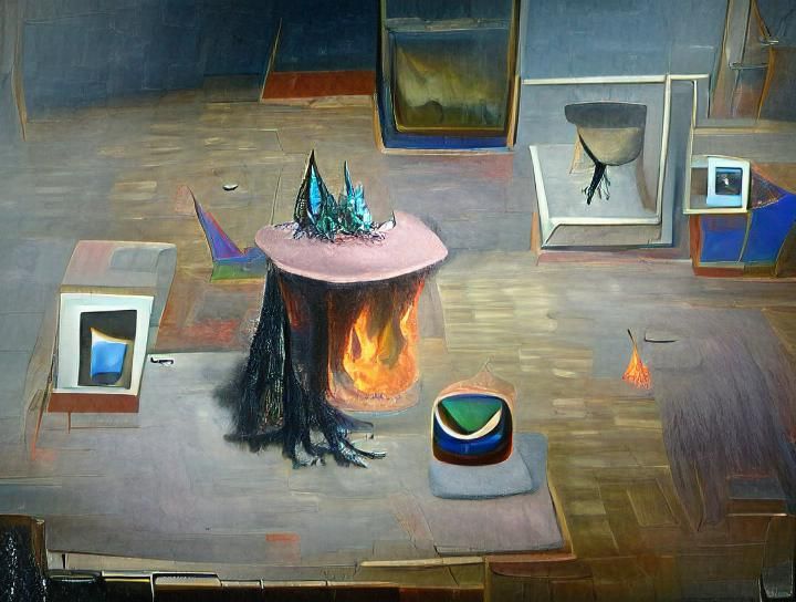 Witch hat on fire with iridescent flame