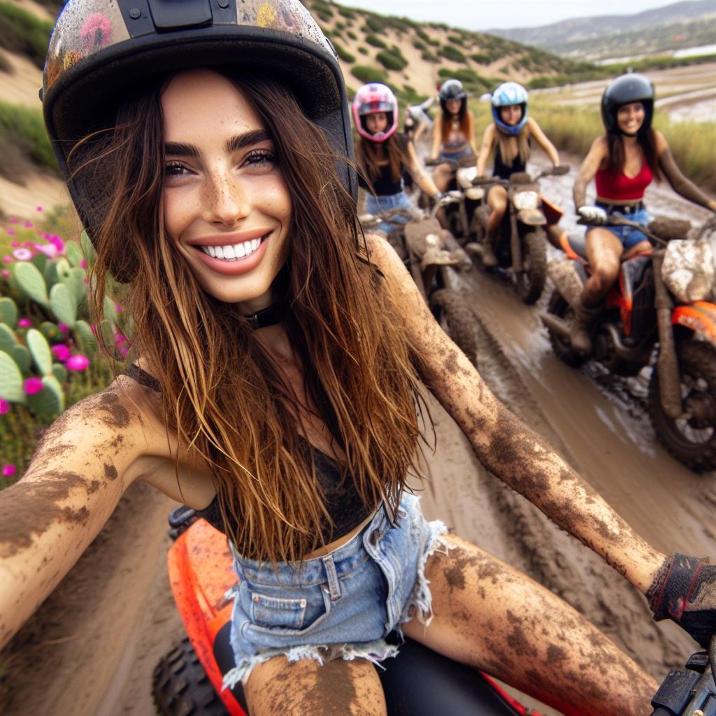 Spanish lady riding a motorbike at muddy motocross circuit (version 4)