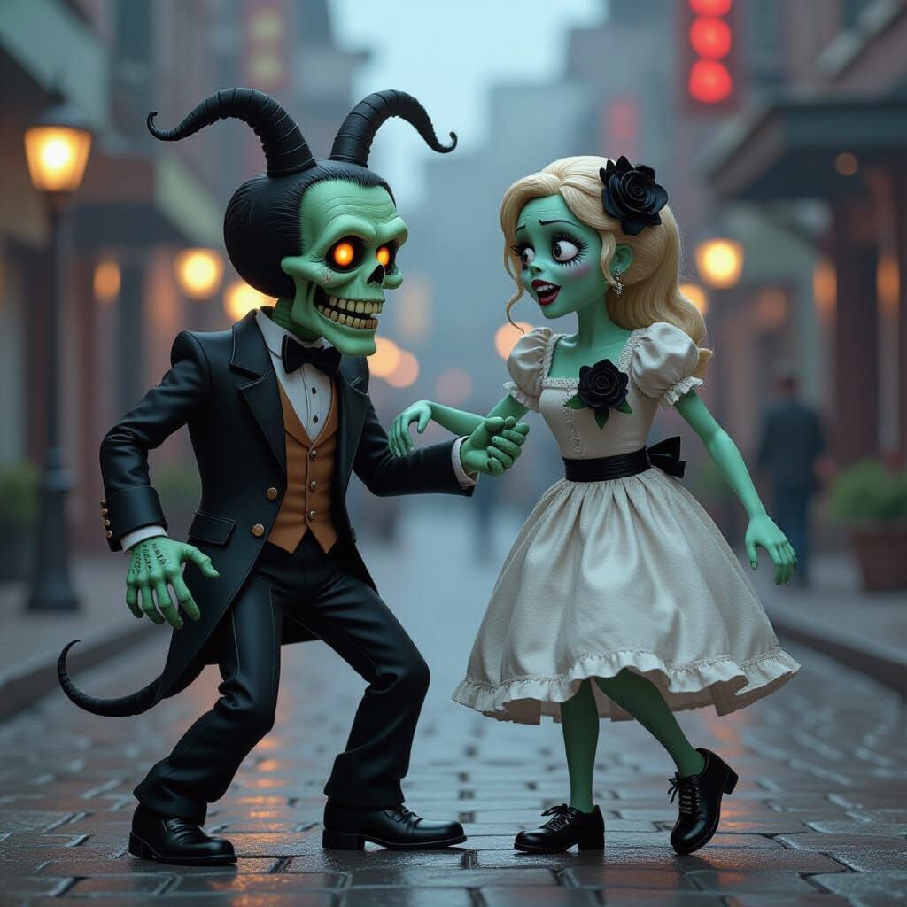 Beetle Juice is dancing with a zombie girl with a black rose corsage.