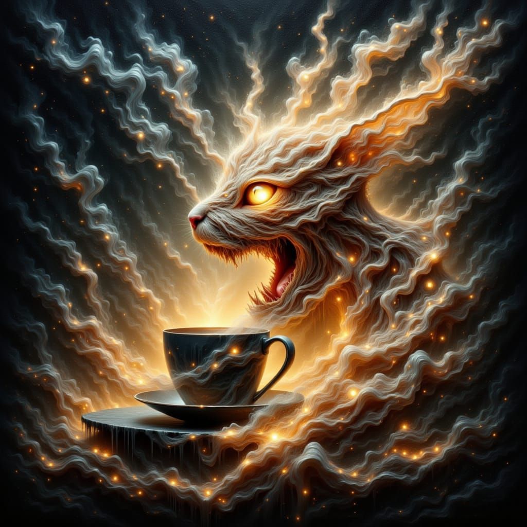 <lora:Golden Twilight:1.0> <lora:coffee monsters:1.0> A spirit of golden twilight, fashioned entirely from swirling smoke and ethereal light...