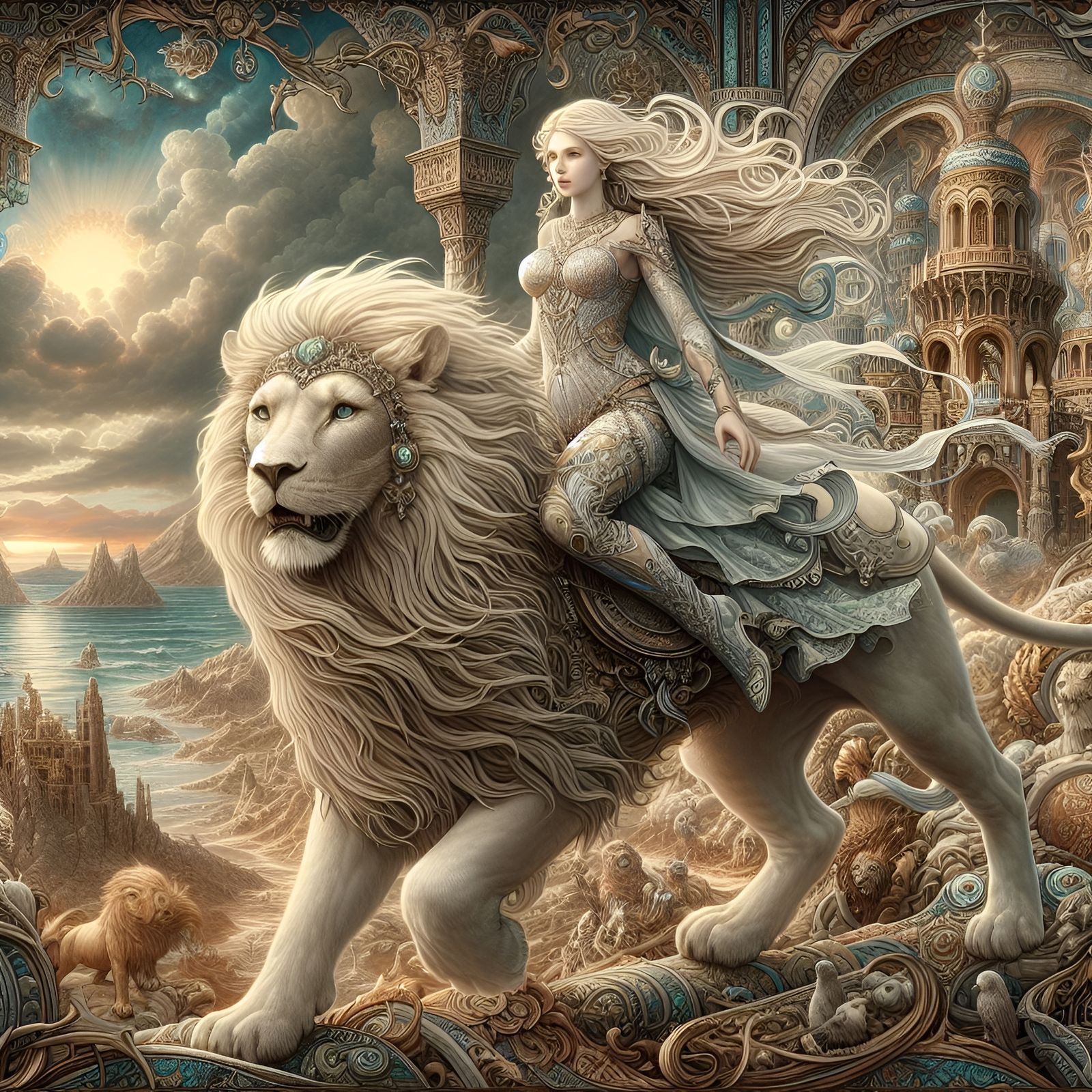 a blond woman riding a white lion