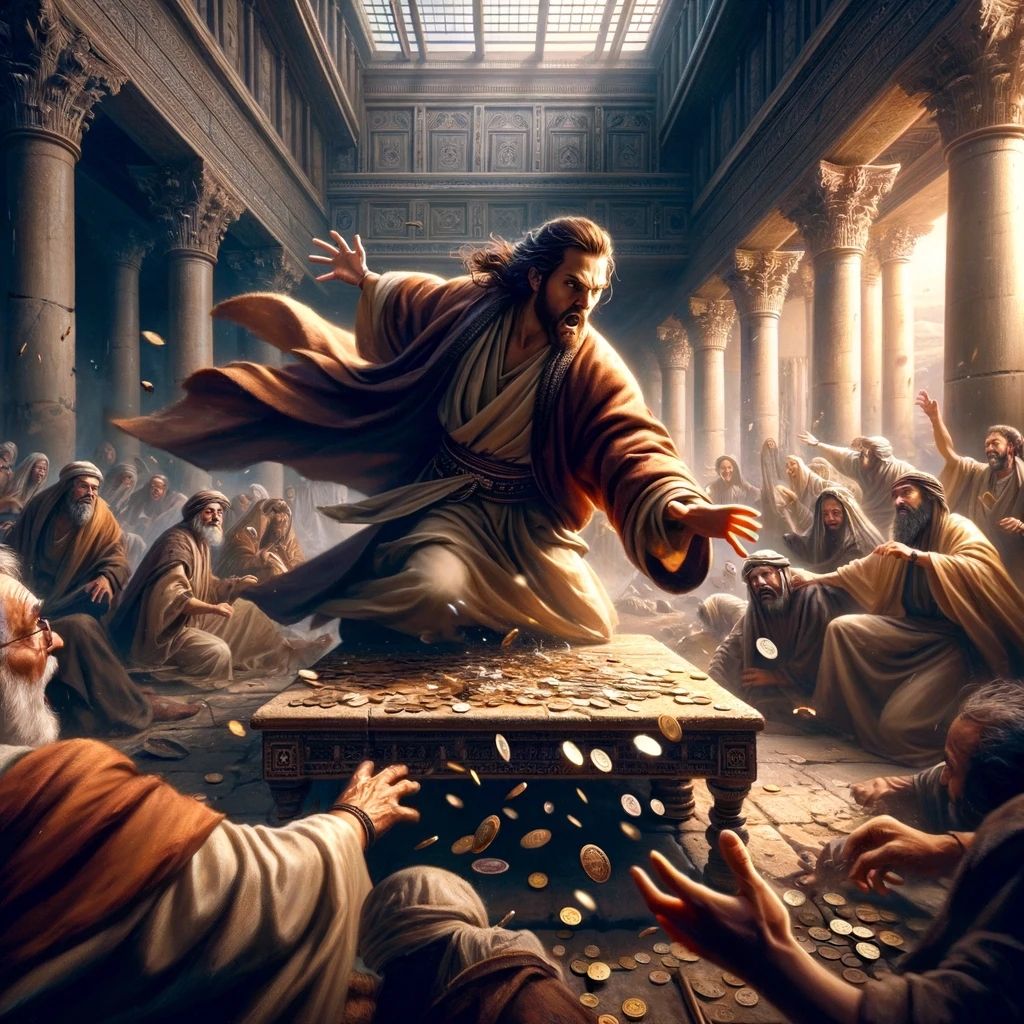 Jesus turning out the sanctioned but morally questionable money changers in the Jewish Holy Temple. Or, the more detail ...