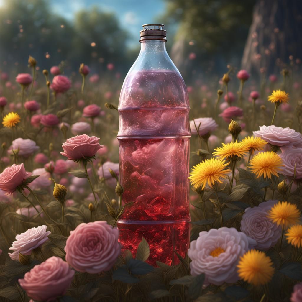 discarded soda bottle in a prairie of roses and dandilions.