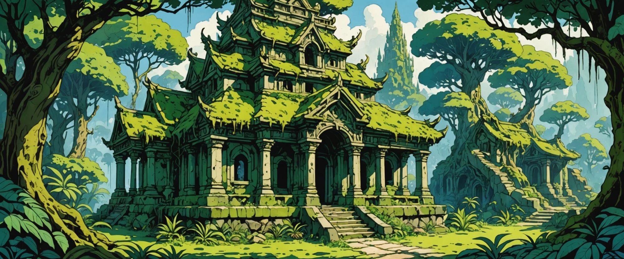 monkey temple, ancient moss-covered rainforest temple adorned with ornate carvings and overgrown with lush vegetation, indigo blue, vines, p...