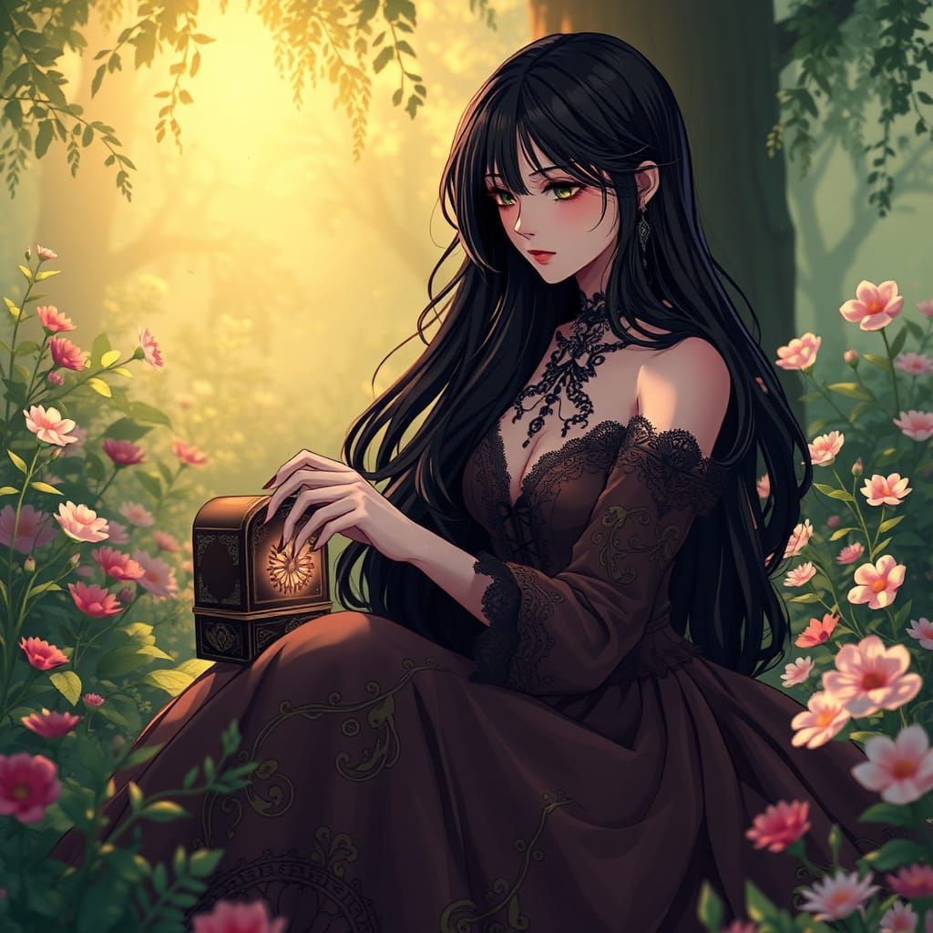 Elegant Gothic Woman in Whimsical Anime Garden