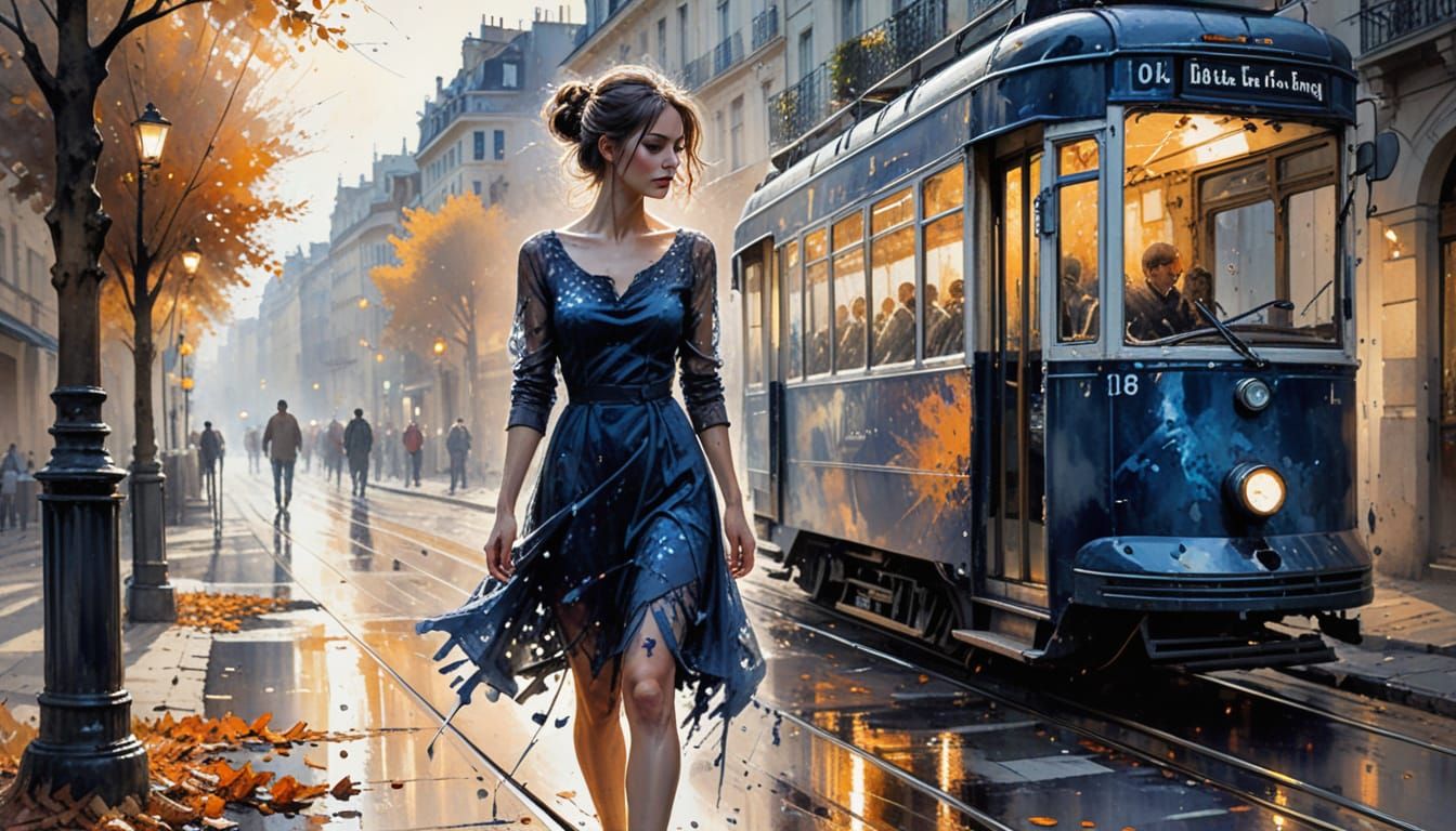 Airbrush art - Vintage illustration Silhouette standing next to a Lisbon yellow tram. navy dress blowing ...  by @The Quantum AI Journey