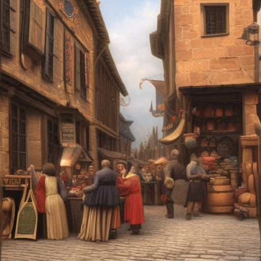 Medieval peddlers sell trinkets, weapons, food and wares from wooden stalls and carts along a cobblestone street. City g...
