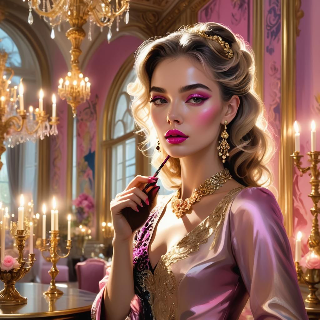 A young woman puts on pink lipstick 2.