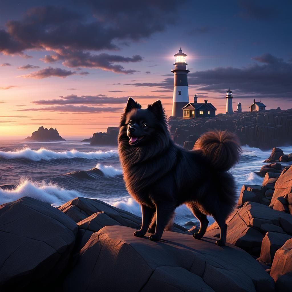 A breathtakingly realistic rendered black Pomeranian expertly frolicking at the edge of a rugged 3D coastal seascape, silhouetted amidst twi...