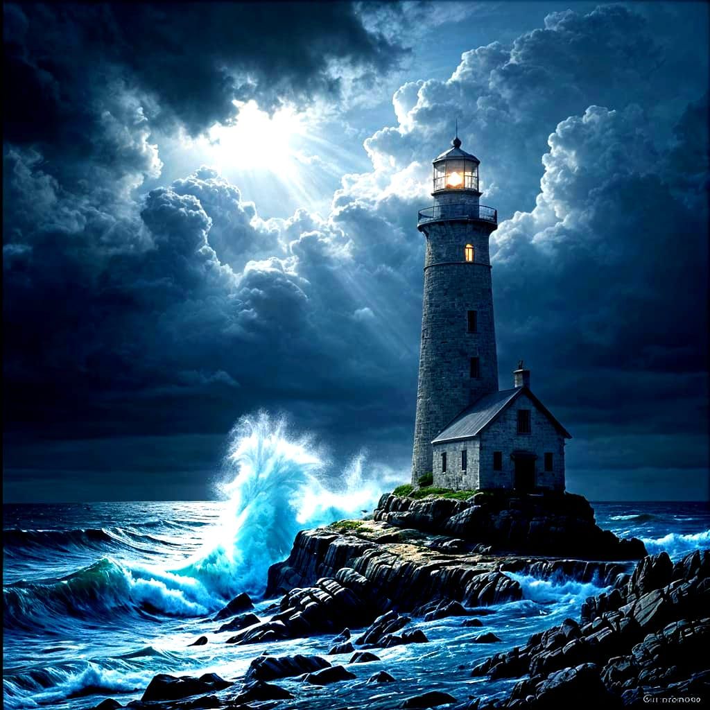 A lone, weathered lighthouse stands sentinel on a rocky outcrop, waves crashing against its base. The sky above is a turbulent canvas of dar...