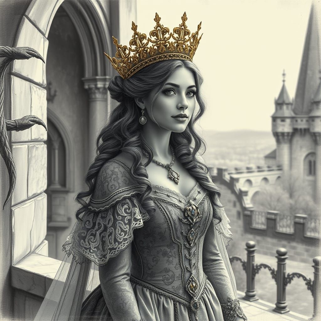 Magnificent princess with a precious crown of gold and diamonds, luxurious dress in brocade and lace ...  by @Granit9