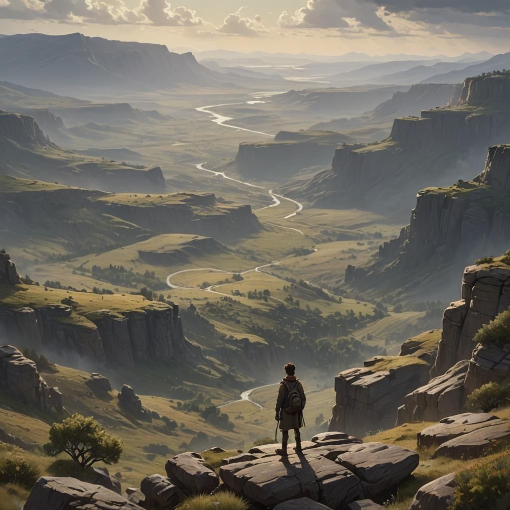 Show the character gazing out at the unknown landscape with ...