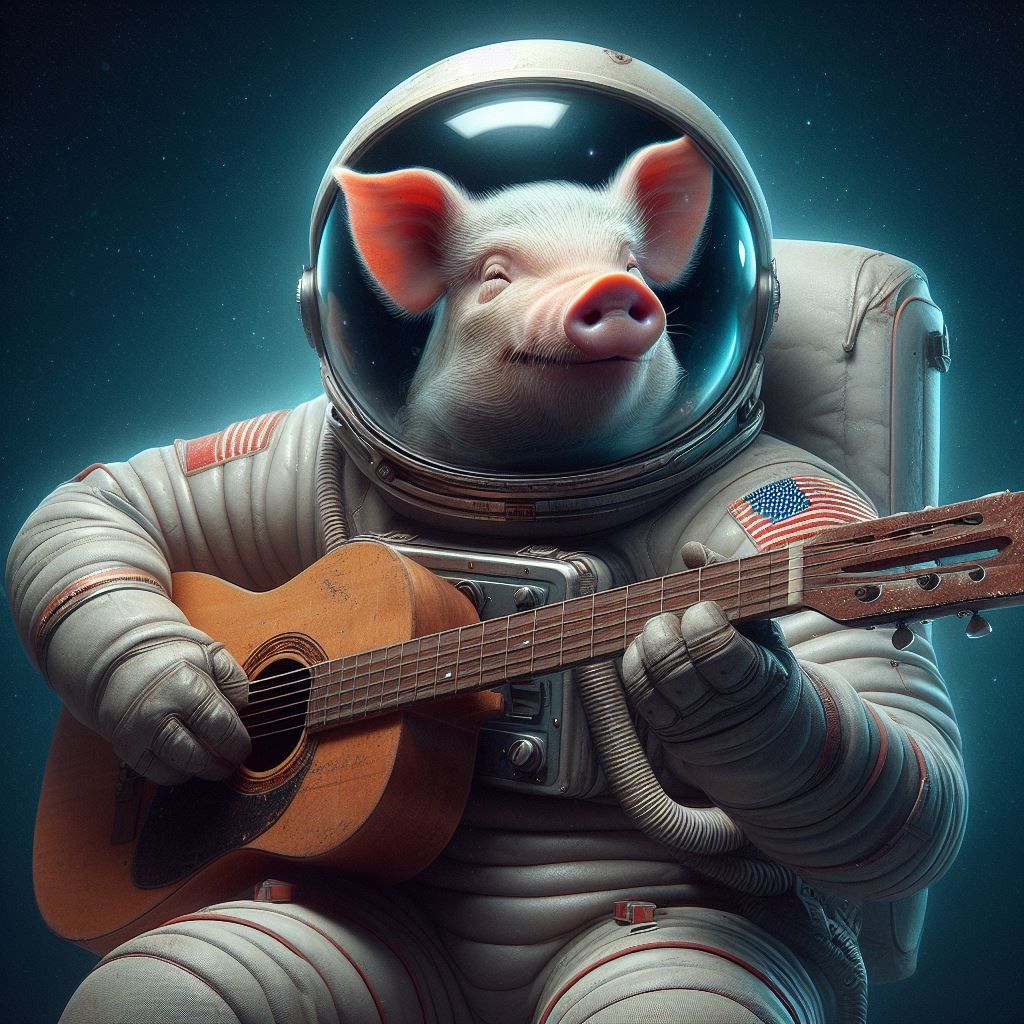 a pig in a space suit playing a guitar