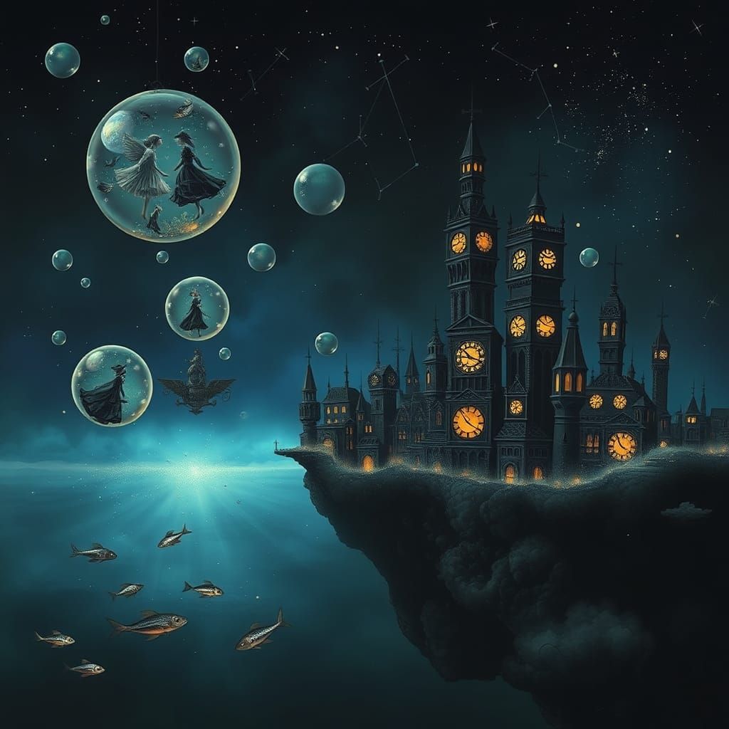 a fantastical cityscape hovering in the night sky