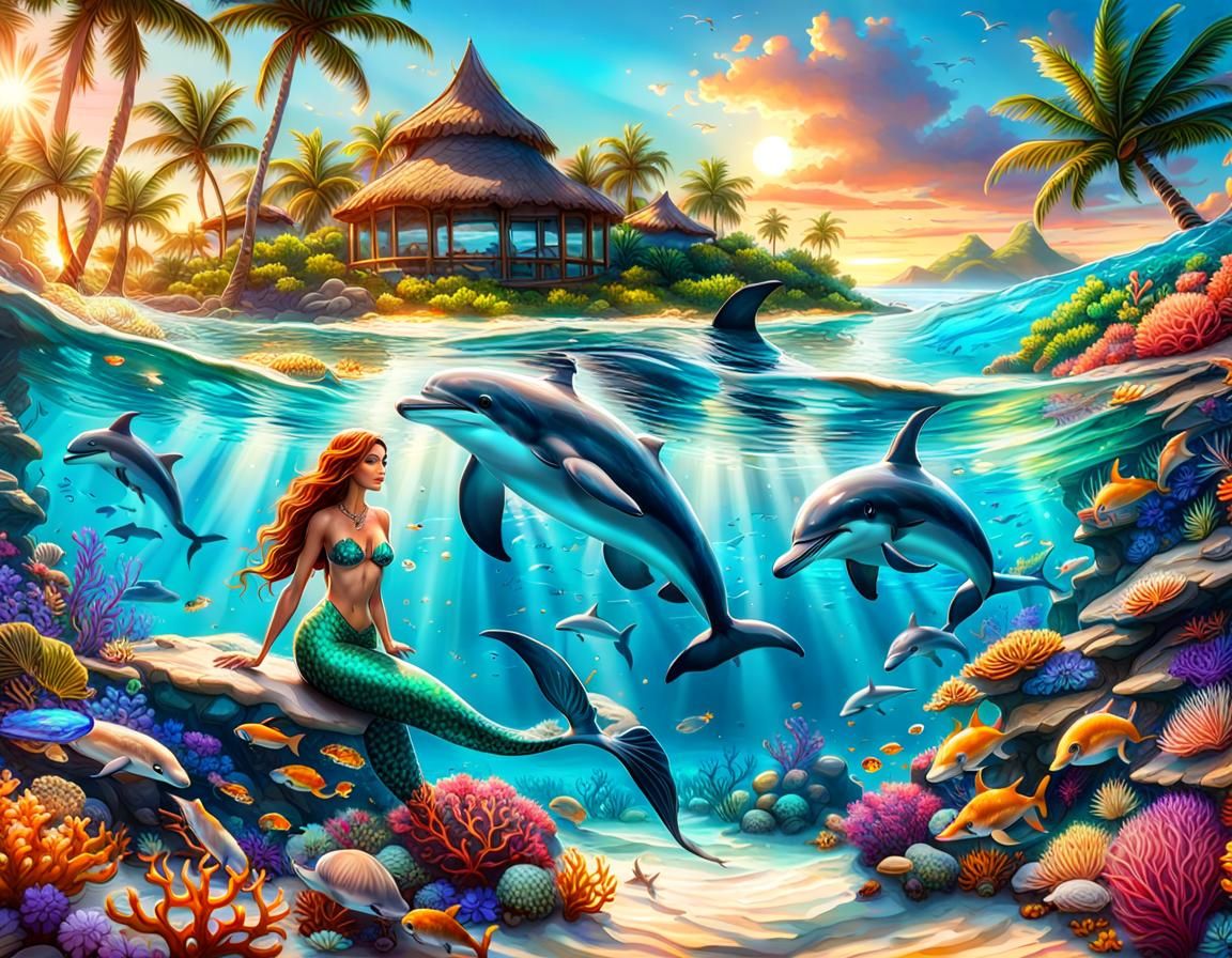 Mermaid and a dolphin in a tropical island - AI Generated Artwork ...