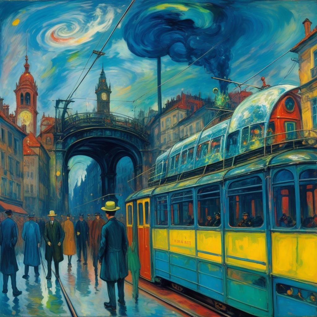 Iridescent future tram in fantastic city 
Sci-fi iridescency...