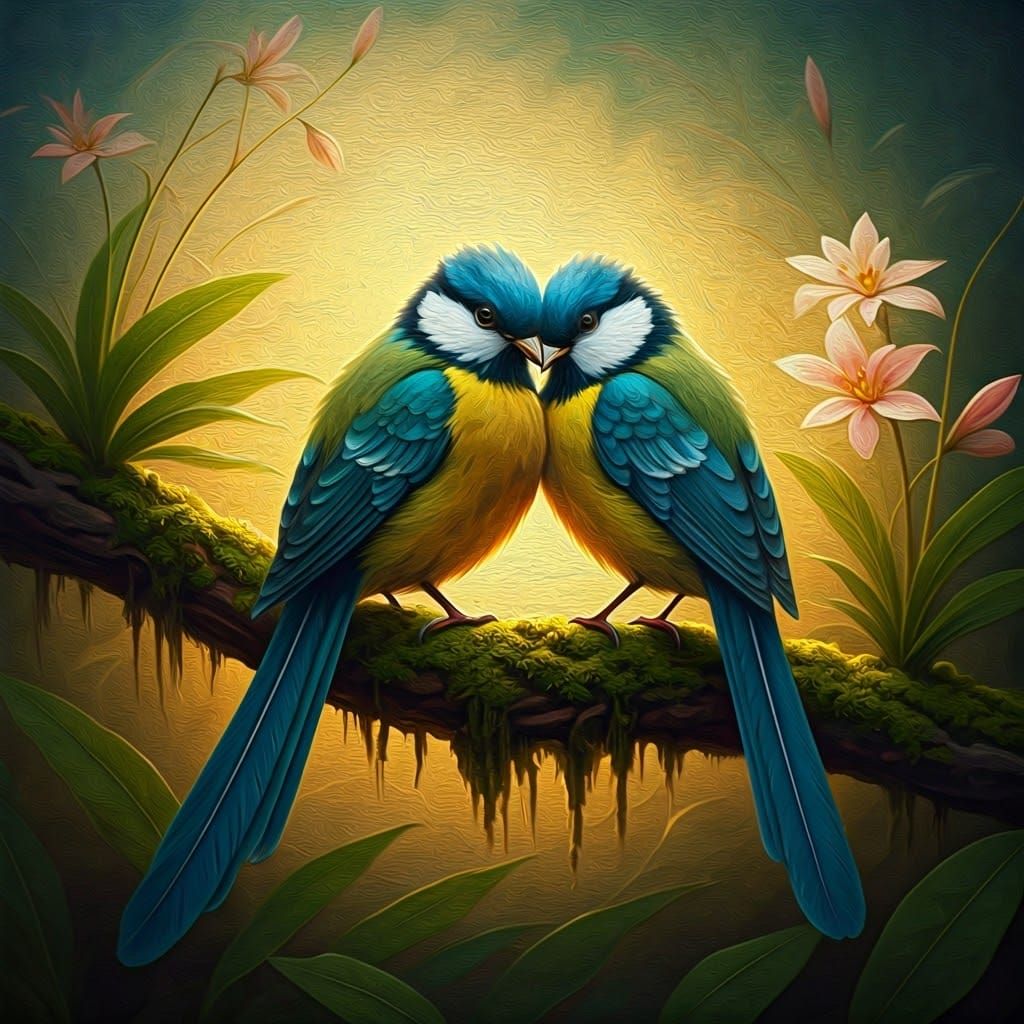 Songbirds in Lush Foliage: Impasto Oil Painting