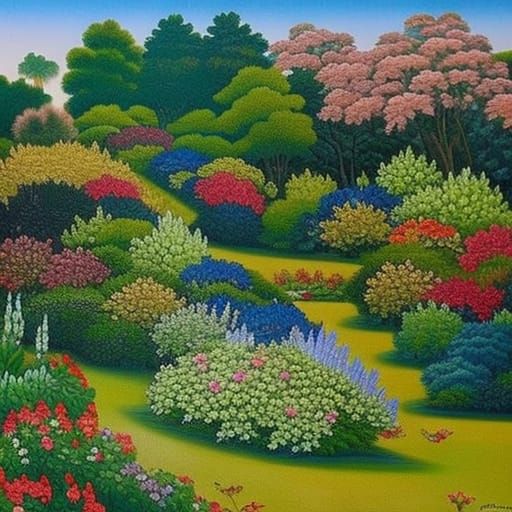 depicts a majestic garden in bright colors. The paintings sh...