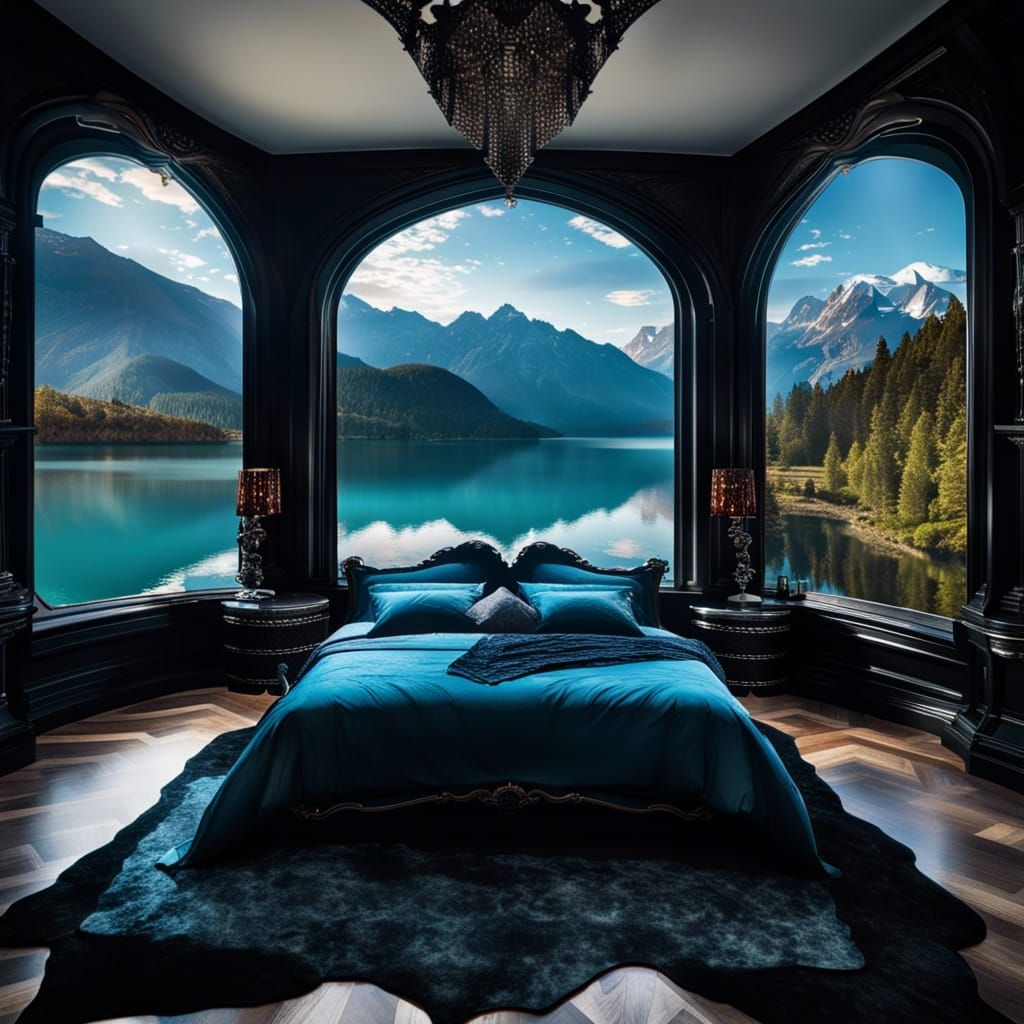 A luxury gothic themed bedroom with an open view of a beautiful lake backed by majestic mountains, reflections, ...  by @Drac_Rosenberg