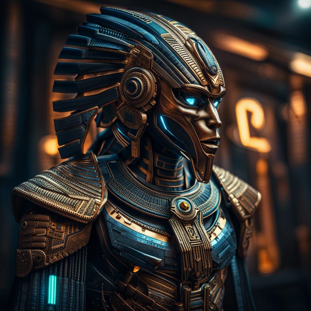 Cyberpunk Futuristic Egyptian pharaoh in cybernetic armor  by @Victordoom